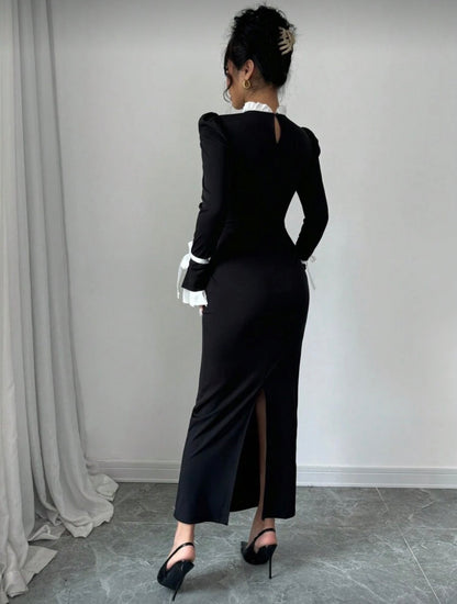 Ruffle Stand Collar Flared Sleeve Dress