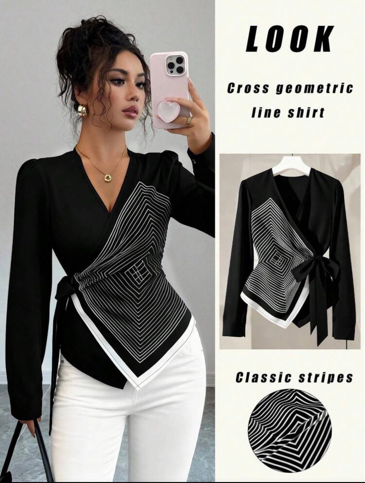Elegant V-Neck Digital Printed Geometric Line Pattern Long Sleeve Tie Bow Blouse