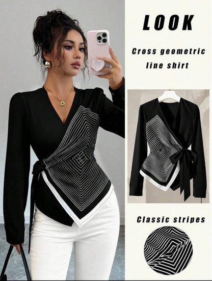 Elegant V-Neck Digital Printed Geometric Line Pattern Long Sleeve Tie Bow Blouse