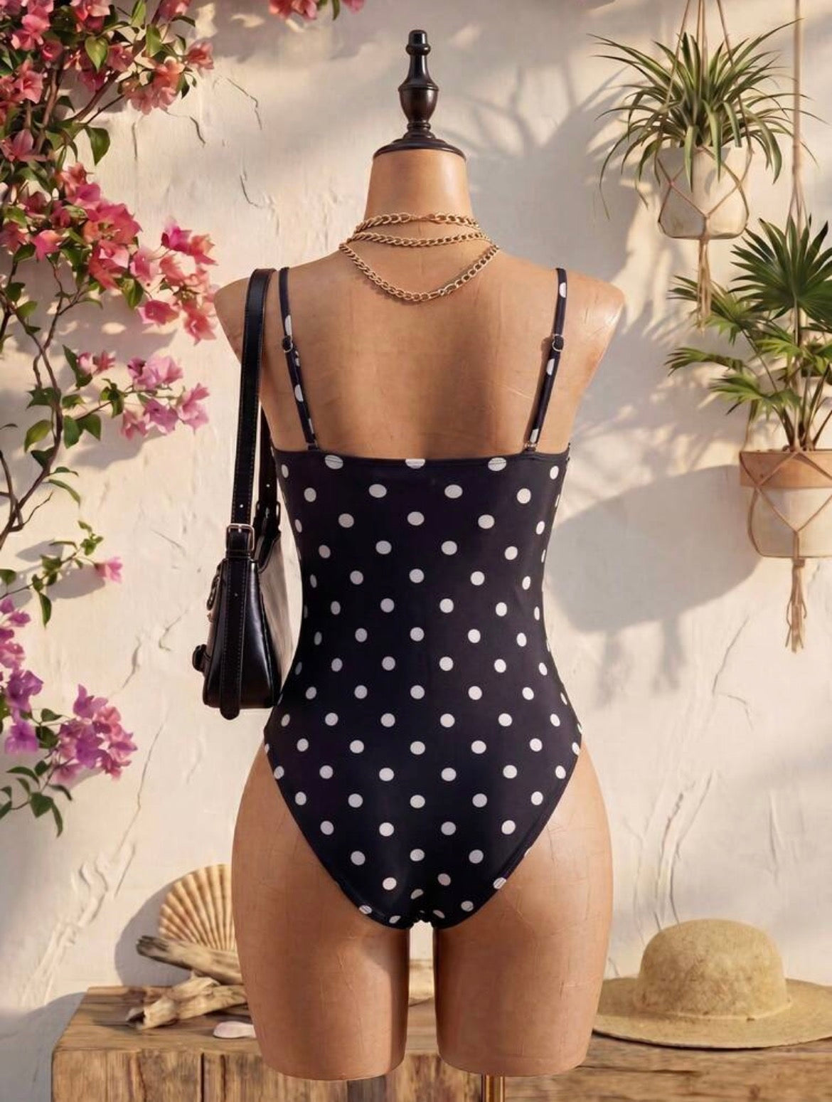 Women's One-Piece Swimsuit,White Polka Dot