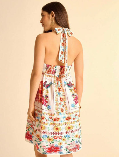 Summer Boho Tropical Floral Print, Hollow-Out Back Tie Waist Casual Beach Short Vacation Dress