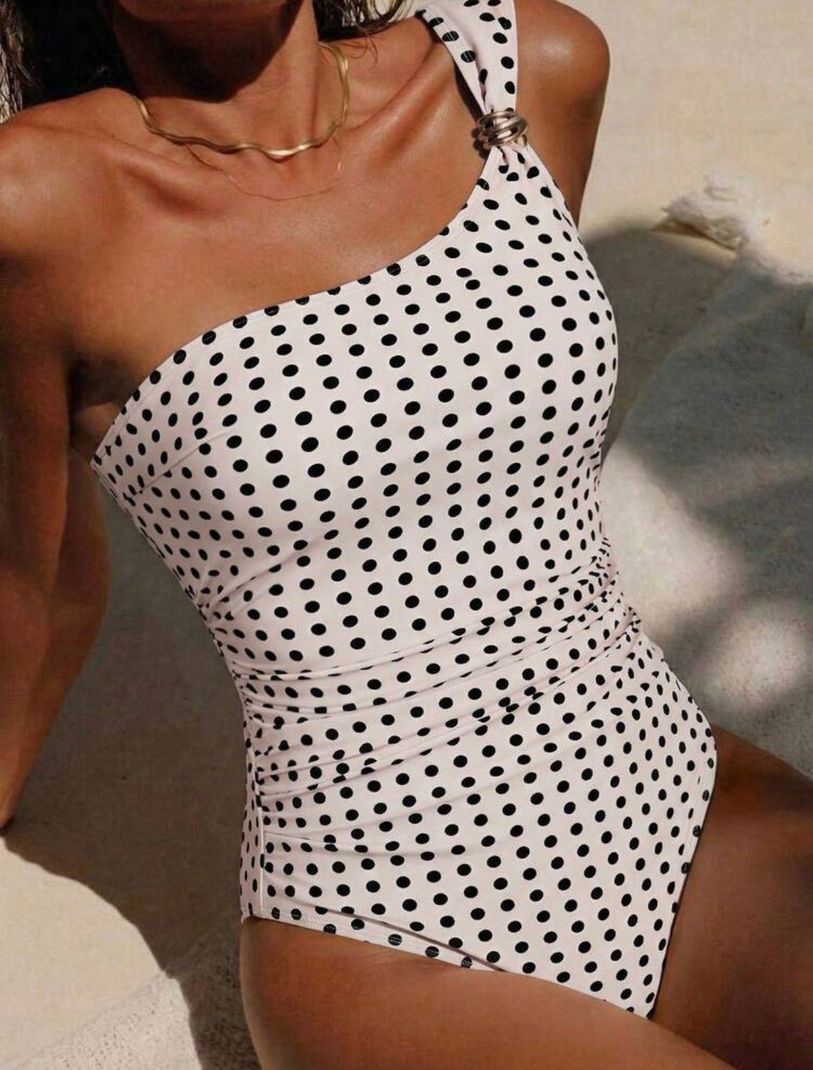 White Polka Dot Print Asymmetric One Shoulder One-Piece Swimsuit