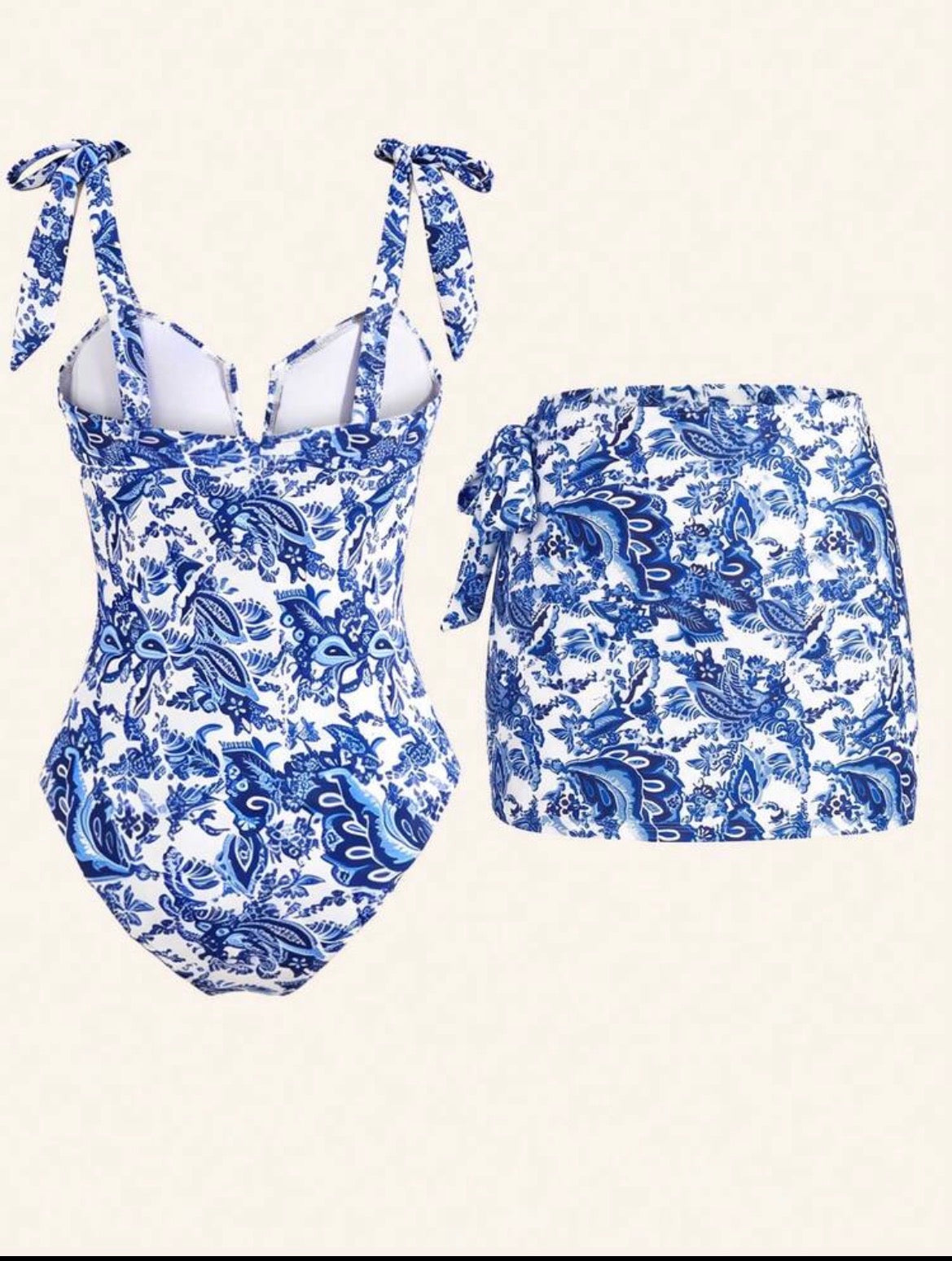 Swim Vacation Print Halter + Side Tie Wrap Skirt 2 Pieces Swimsuit Set