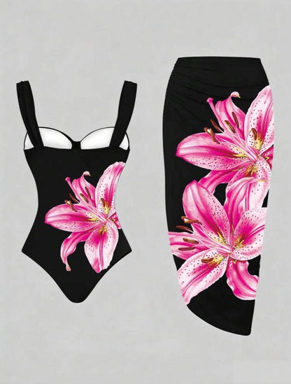 Swim Oasis Women's Floral Print Spaghetti Strap One-Piece Swimsuit With Skirt