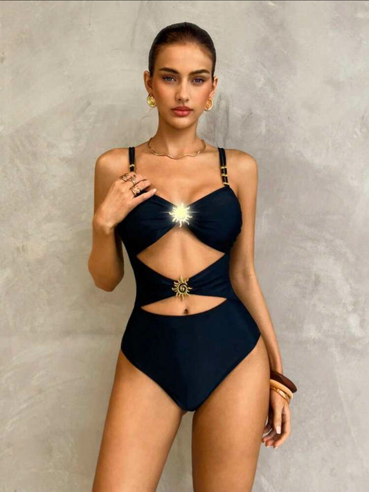 Black swimsuit with accessories