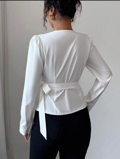 Women Knot Side Long Sleeve Asymmetrical Blouse