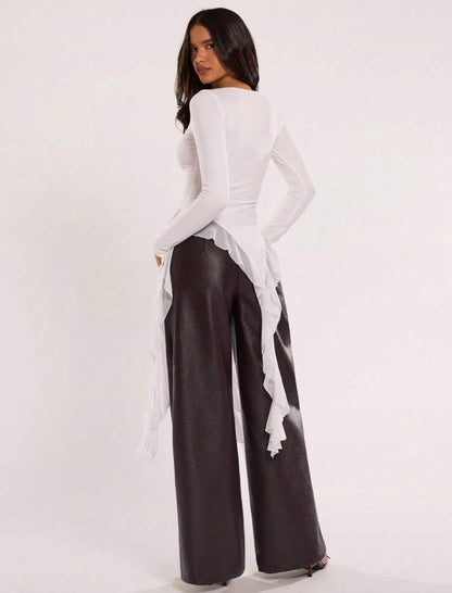 Women Solid Color Asymmetric Ruffle Hem Long Sleeve Fitted Top