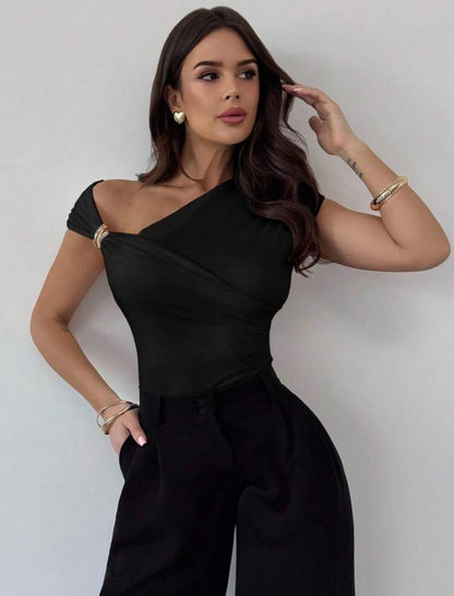 Shoulder Wrap Ruched Waist Tight Fit T-Shirt With Metal Decor