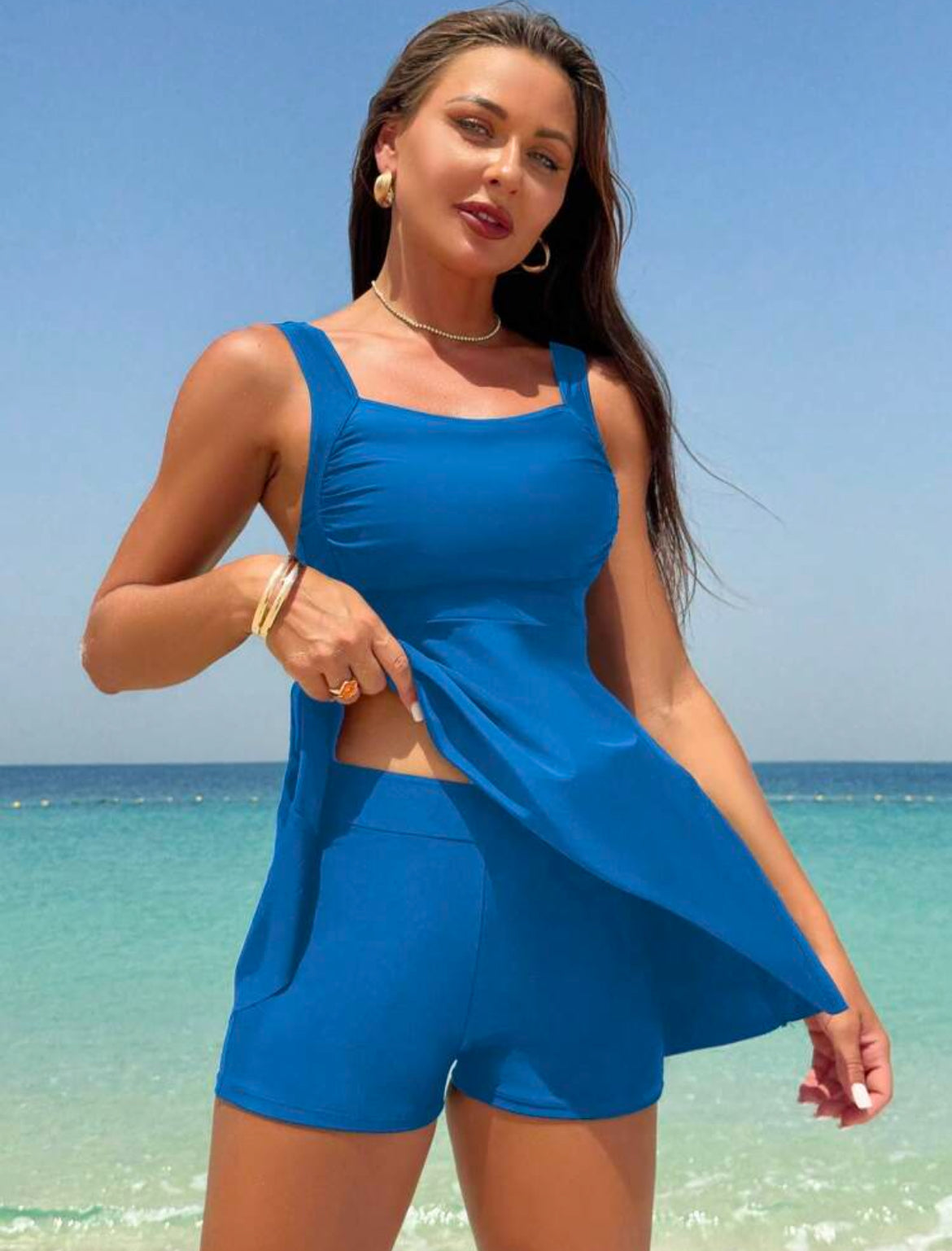 Swim Lushoire Ladies' Solid Color Vacation Style  Swim Dress With Shorts, Summer Beach Full Coverage Swim Wear