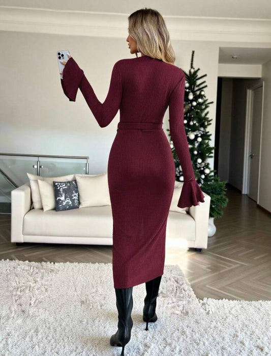 Burgundy Button Belted Dress