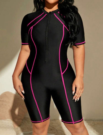 Swim SPRTY Summer Beach Plus Contrast Binding Zipper Front One Piece Swimsuit