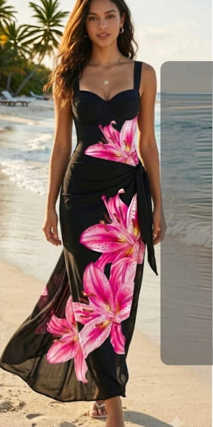 Swim Oasis Women's Floral Print Spaghetti Strap One-Piece Swimsuit With Skirt