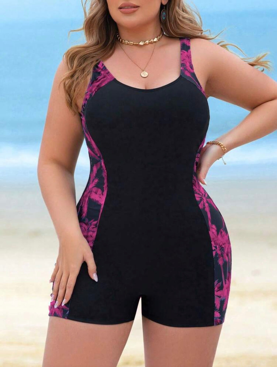 Swim Lushoire Plus Size Women Cerise Pink Patchwork Coconut Tree Print One-Piece Swimsuit