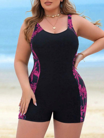 Swim Lushoire Plus Size Women Cerise Pink Patchwork Coconut Tree Print One-Piece Swimsuit