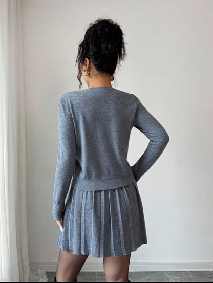 Grey Knit Cardigan & Pleated Skirt Set
