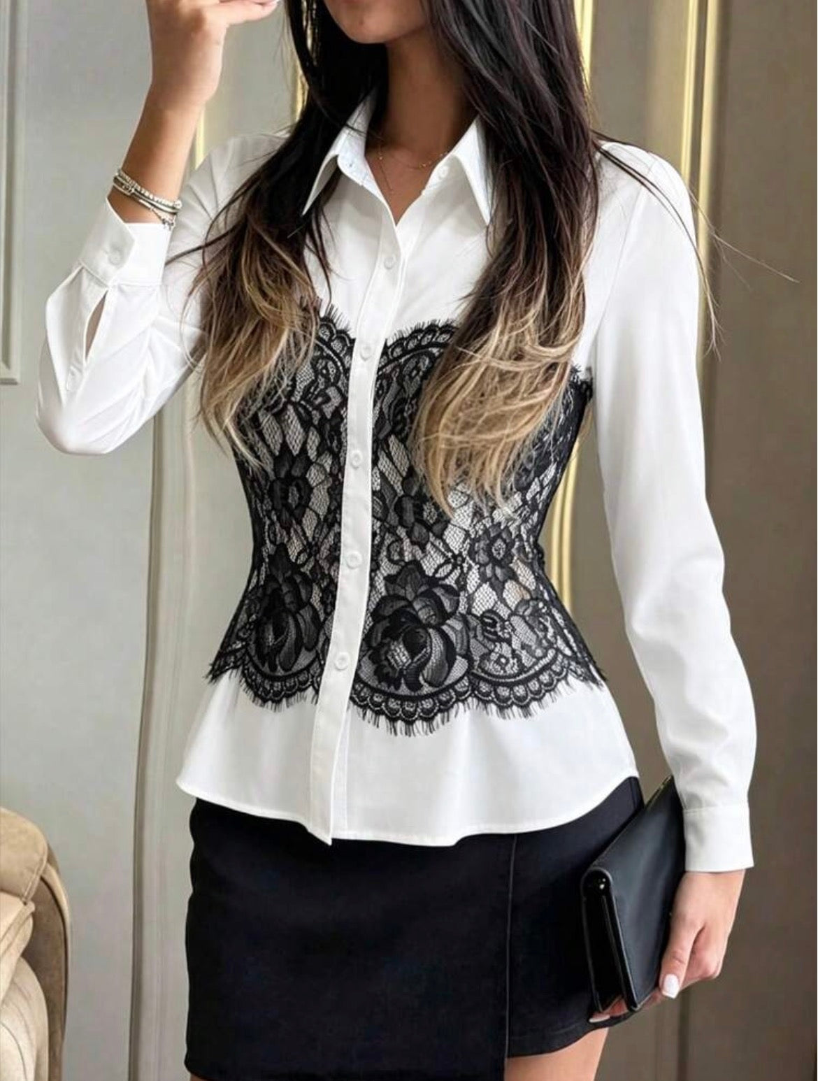 Black & White Design Lace Patchwork Shirt Collar Long Sleeve Slim Fit