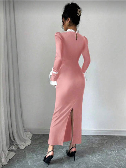 Ruffle Stand Collar Flared Sleeve Dress