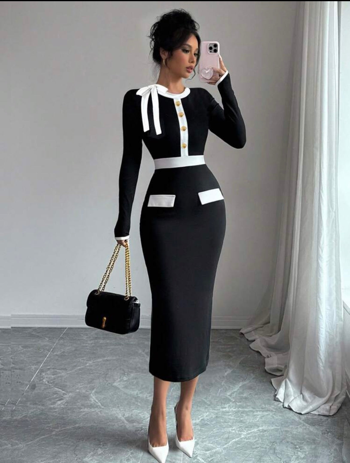 Women's Contrast Color Long Sleeve Dress