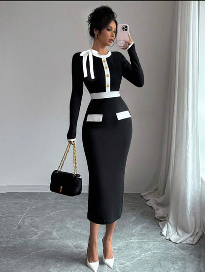 Women's Contrast Color Long Sleeve Dress