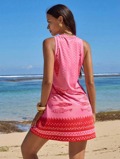 Casual Fish Print Round Neck Dress