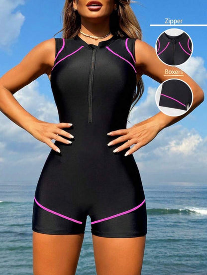 Swim SPRTY Women's Black Round Neck Casual Sports Zipper One Piece Swim Wear