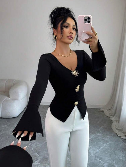 Women's Solid Color V-Neck Fitted Metal Decor Elegant Long Sleeve T-Shirt