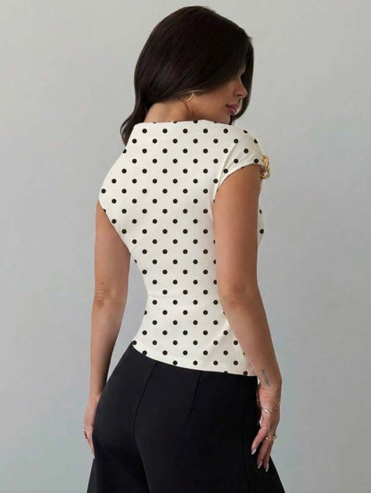 Shoulder Wrap Ruched Waist Tight Fit T-Shirt With Metal Decor