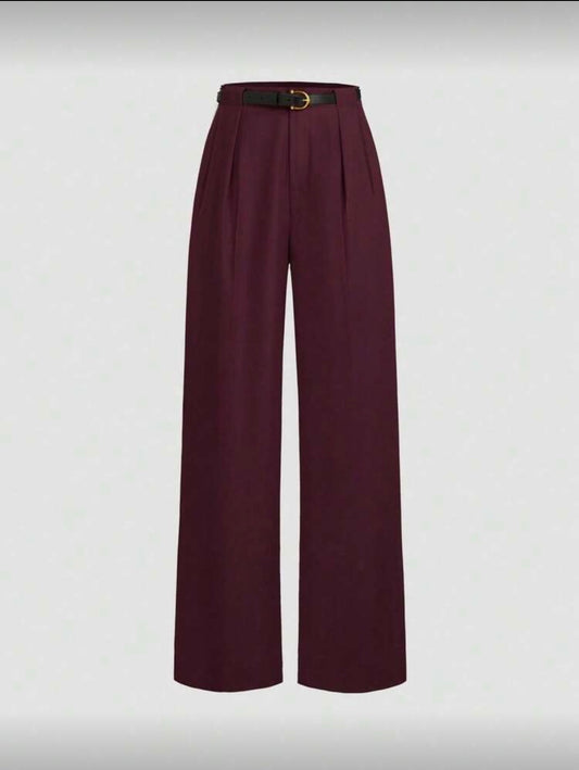Women's Solid Color Fashion Pleated Straight Leg Casual Pants Burgundy