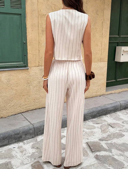 Frenchy 2pcs/Set Women Striped Linen Texture Off-White Summer Elegant Minimalist Sleeveless Vest & Long Pants Set