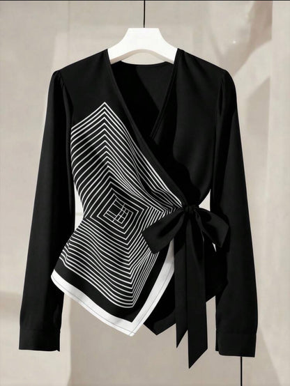Elegant V-Neck Digital Printed Geometric Line Pattern Long Sleeve Tie Bow Blouse