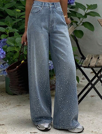 Women's Rhinestone Decor Loose Casual Straight Leg Jeans
