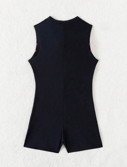 Swim SPRTY Women's Black Round Neck Casual Sports Zipper One Piece Swim Wear