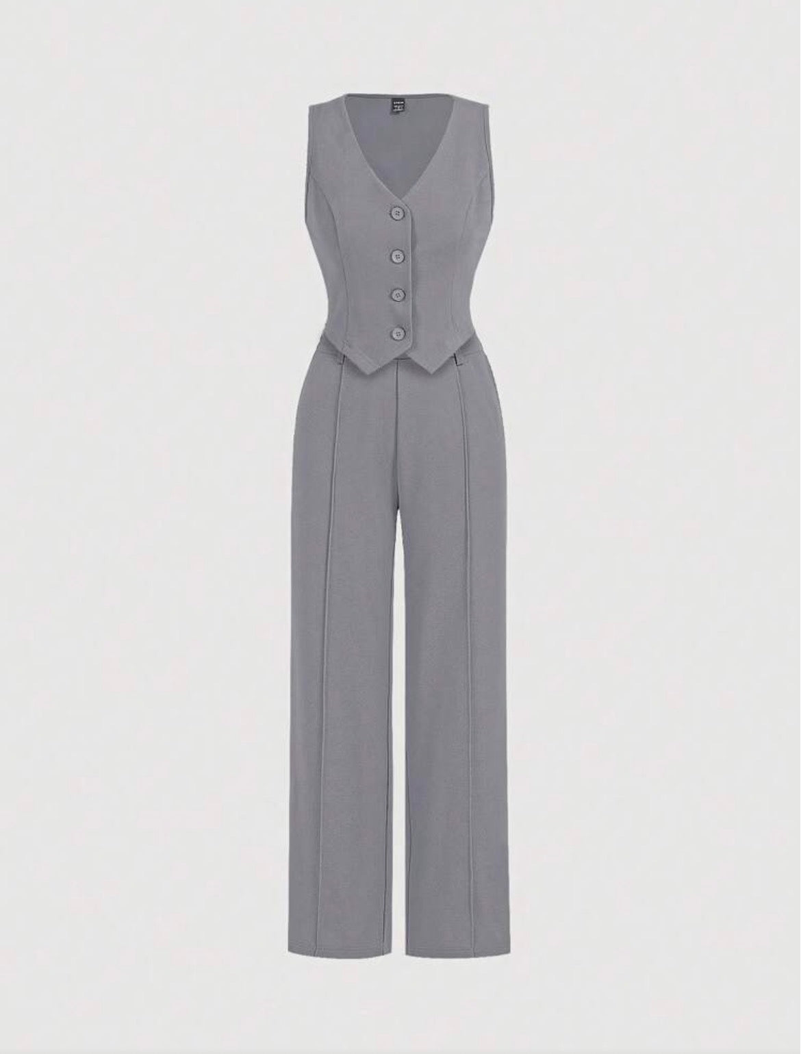 MOD Black Front Buckle V-Shaped Hem Solid Button Front Vest Jacket & Seam Front Pants Two Pieces Set