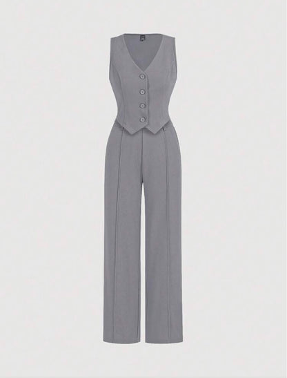 MOD Black Front Buckle V-Shaped Hem Solid Button Front Vest Jacket & Seam Front Pants Two Pieces Set