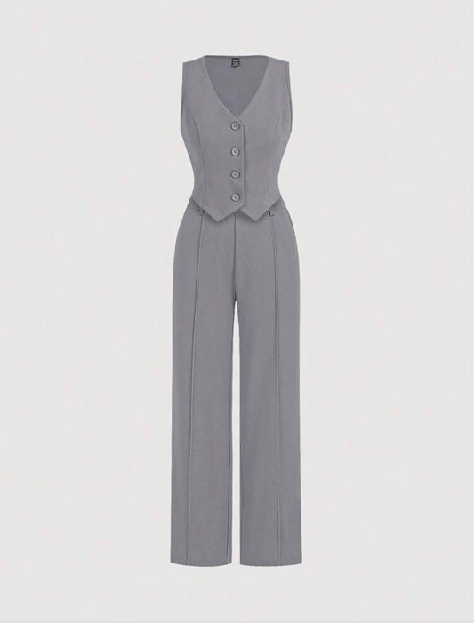 MOD Black Front Buckle V-Shaped Hem Solid Button Front Vest Jacket & Seam Front Pants Two Pieces Set