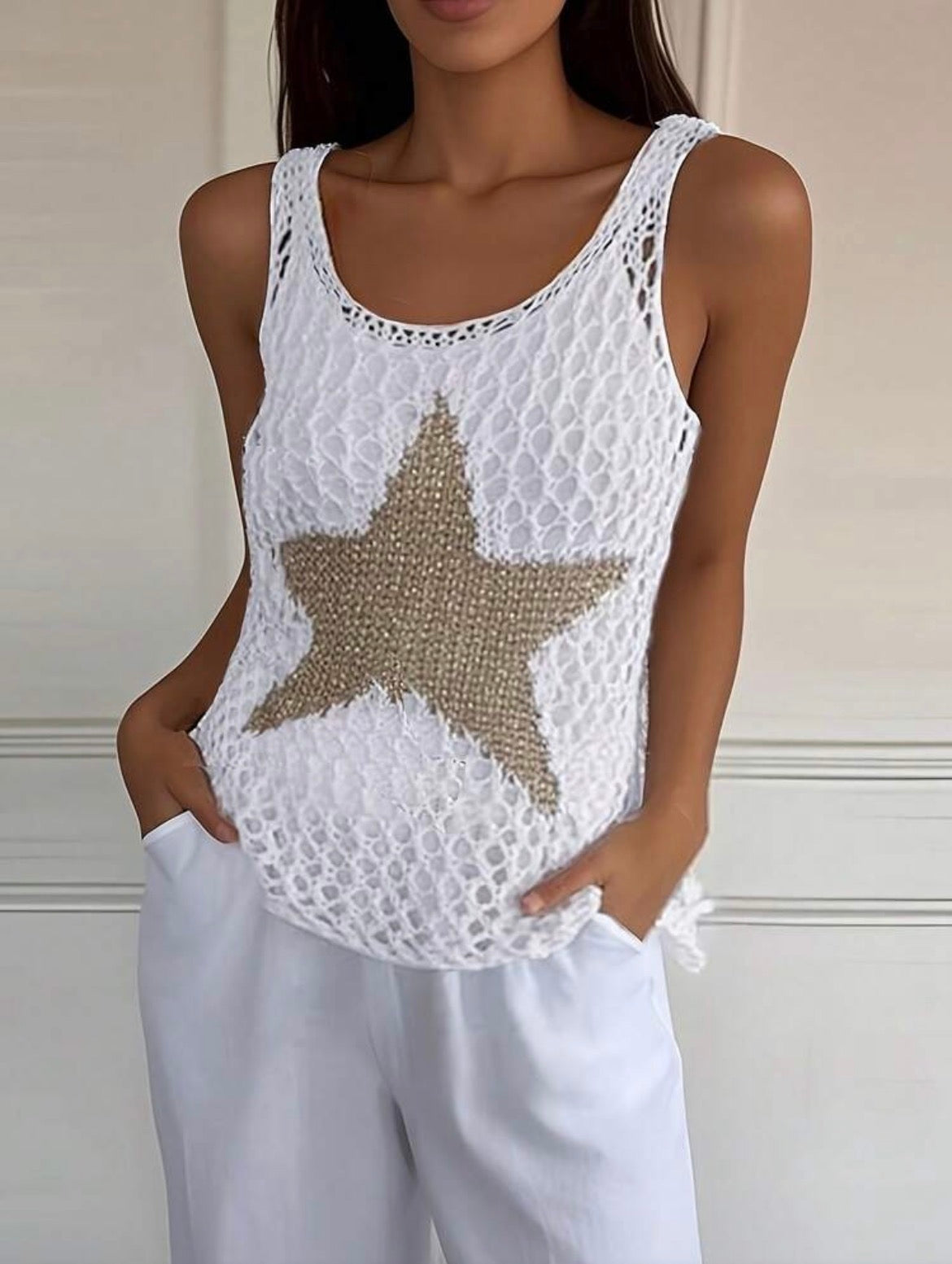 Women's Casual Summer Top - Sleeveless Crochet Star Pattern Tank Top