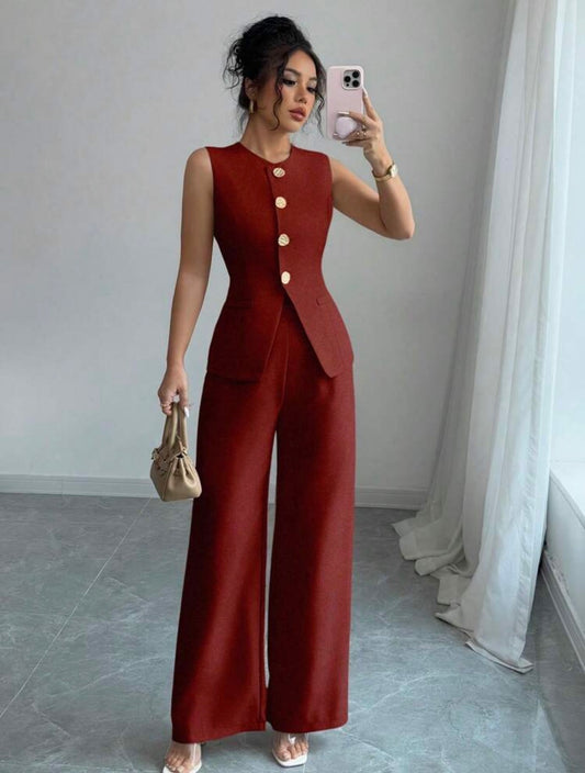 The Rust Gold-Button Vest & Wide-Leg Trouser Set
