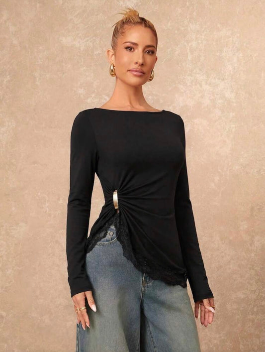 Women's Elegant Metal Buckle Long Sleeve Lace Patchwork Top