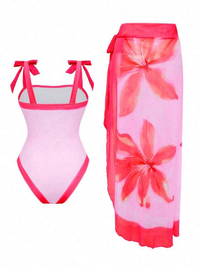 Swim 2pcs/Set Women Minimalist Random Floral Print Spaghetti Strap Bow Tie One-Piece Swimsuit & Tie Front Beach Skirt Summer Swimsuit