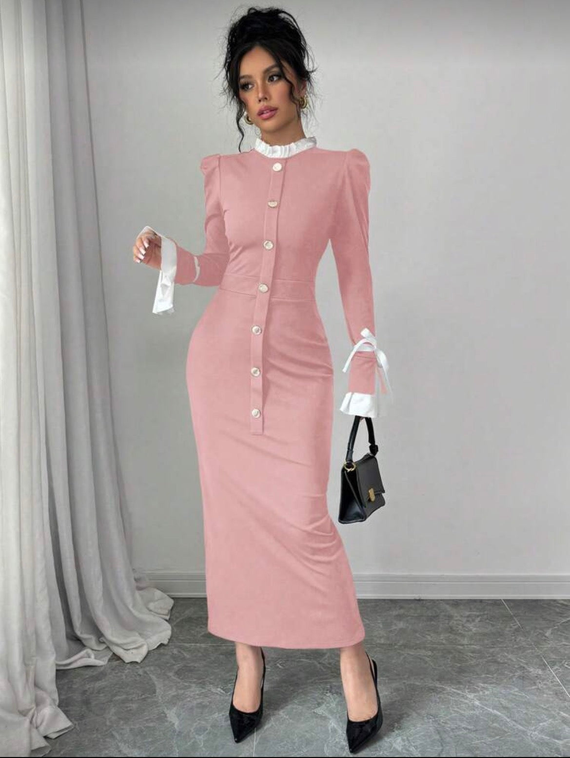 Ruffle Stand Collar Flared Sleeve Dress