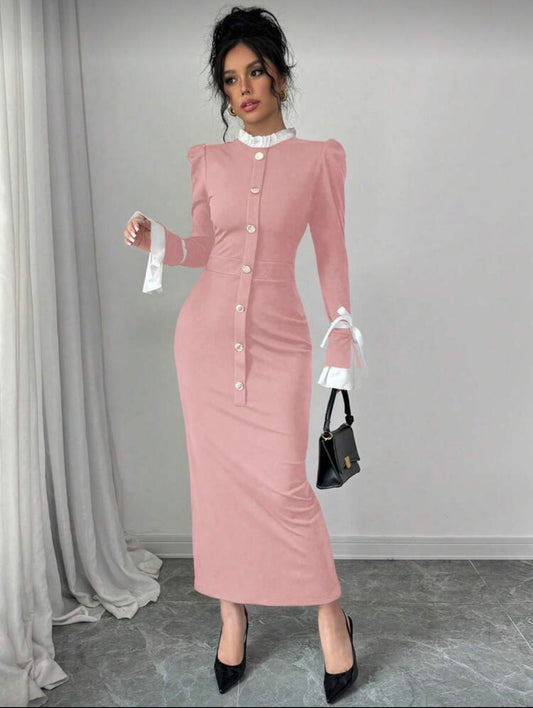 Ruffle Stand Collar Flared Sleeve Dress