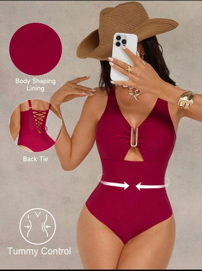 Shapewave Women's One-Piece Deep Purple Burgundy Back Drawstring Swimsuit