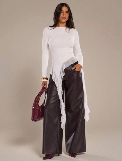Women Solid Color Asymmetric Ruffle Hem Long Sleeve Fitted Top