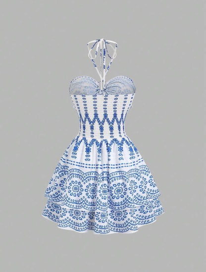 Women's Blue Floral Print Bandeau Neck Metal Buckle Waist Fitted Layered Hem Mini Dress