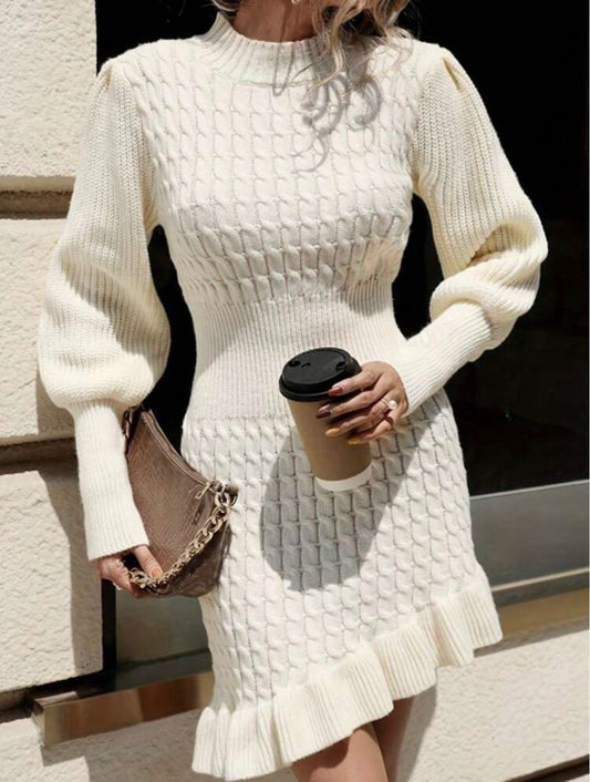 Ivory Cable-Knit Ruffle Dress