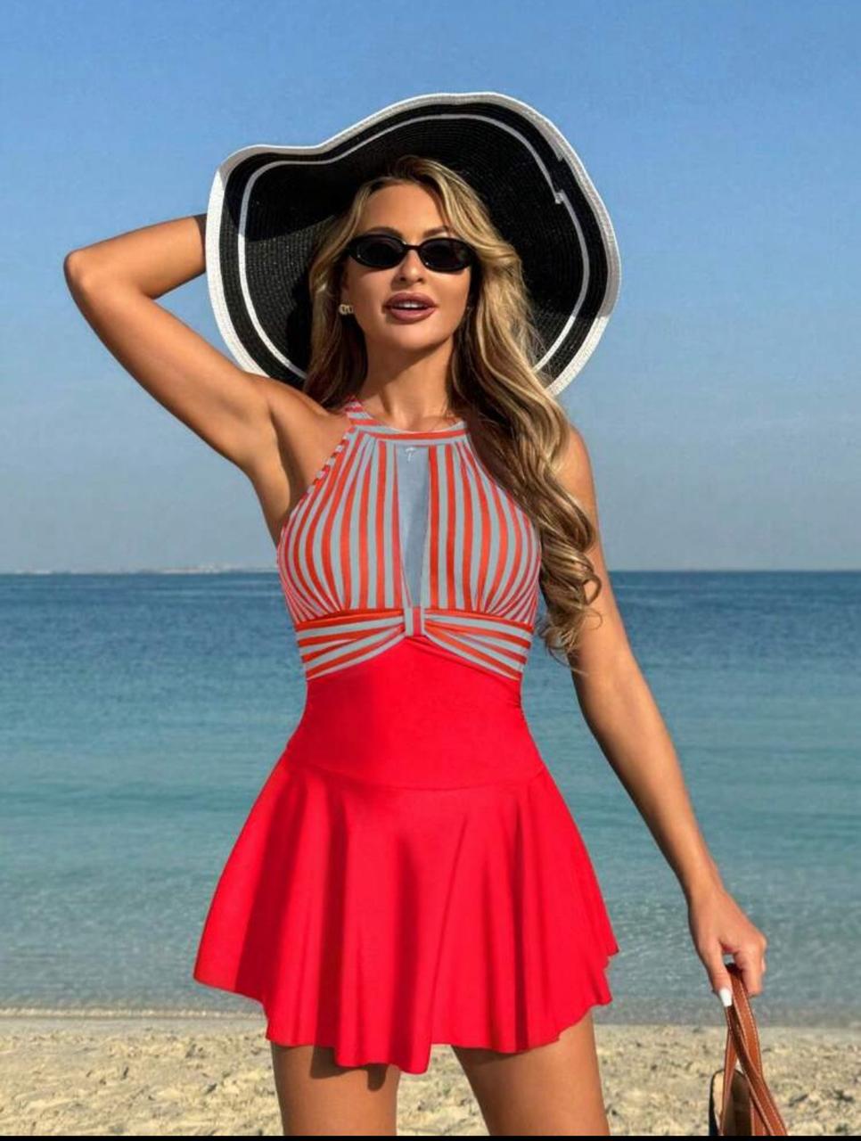 Striped Backless Swimsuit Dress - Red