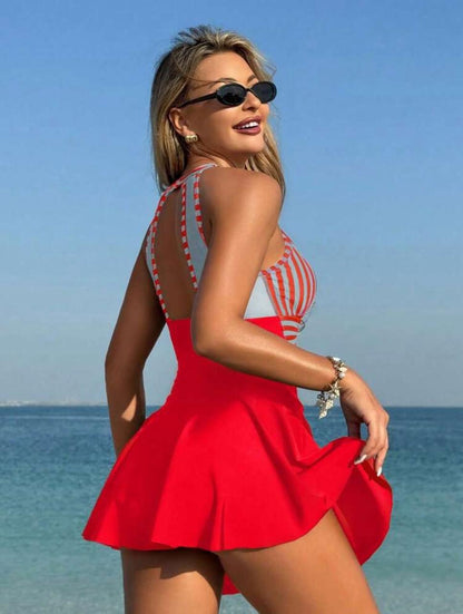 Striped Backless Swimsuit Dress - Red