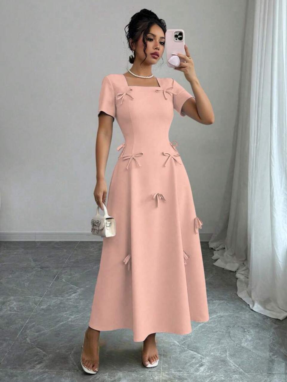 Short Sleeve Bow Decore Dress