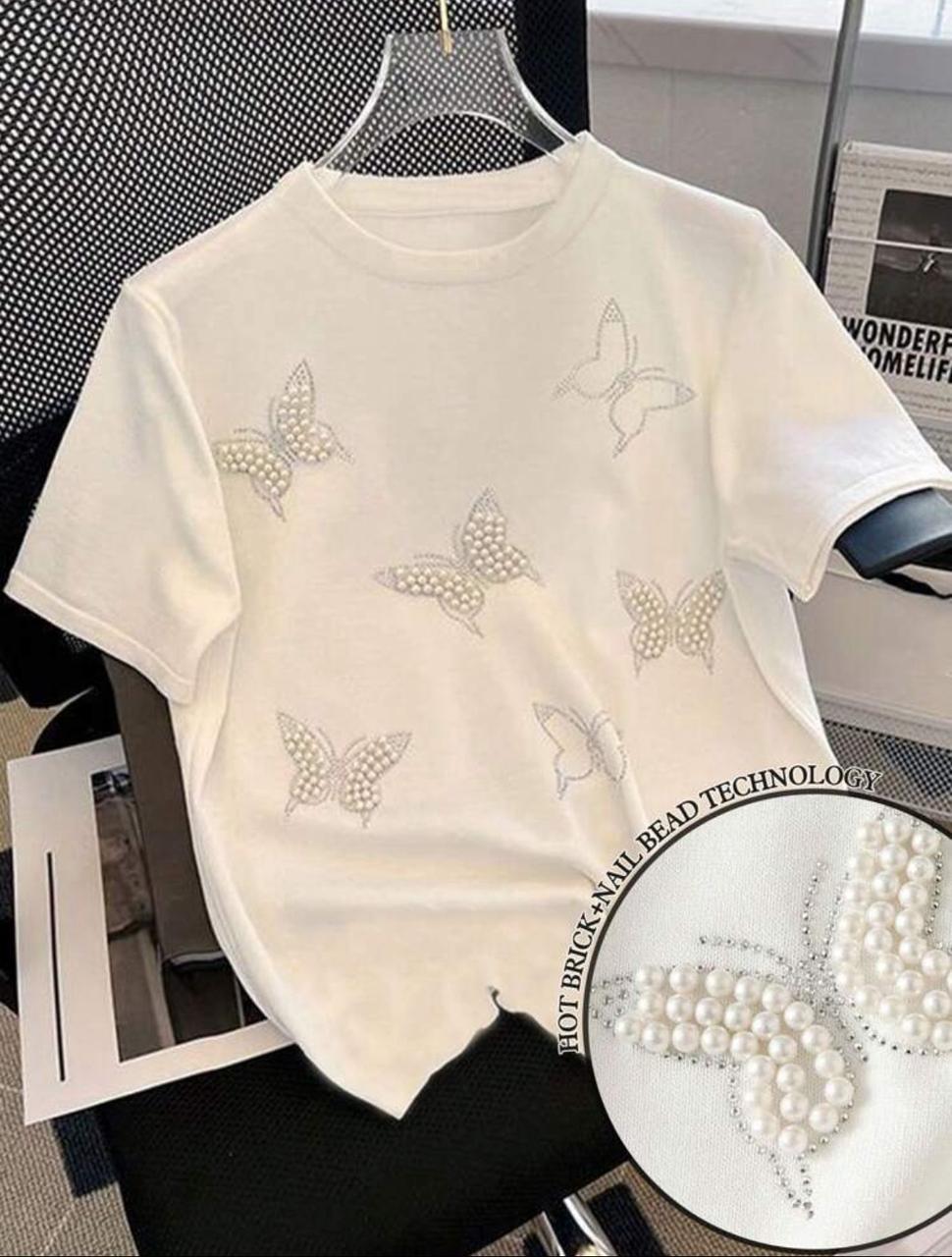 Rhinestone & Pearl Decorated T-Shirt - White