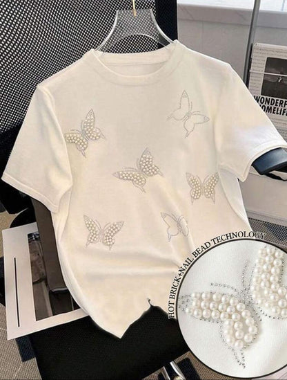 Rhinestone & Pearl Decorated T-Shirt - White